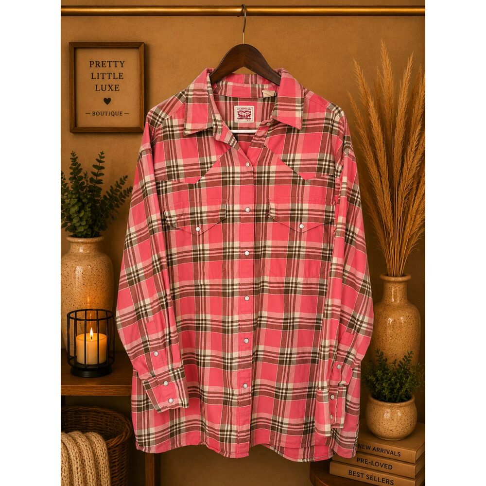 Levi's Dylan Oversized Western Pearl Snap Flannel Plaid Shirt Medium